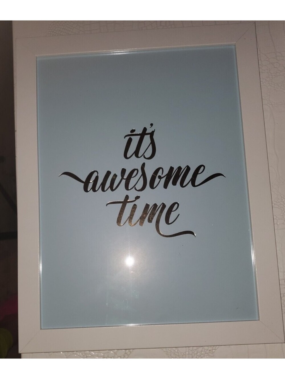 'IT'S AWESOME TIME' WHITE FRAMED BLUE BACKGROUND INSPIRATIONAL QUOTE ART 13"